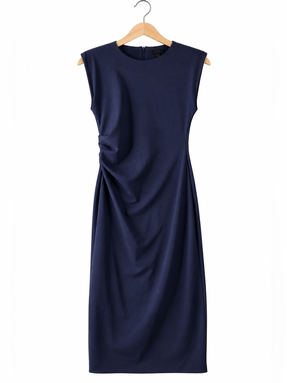 Ann Taylor Navy Blue Ruched Draped Sheath Midi Dress Size 12 Career Workwear